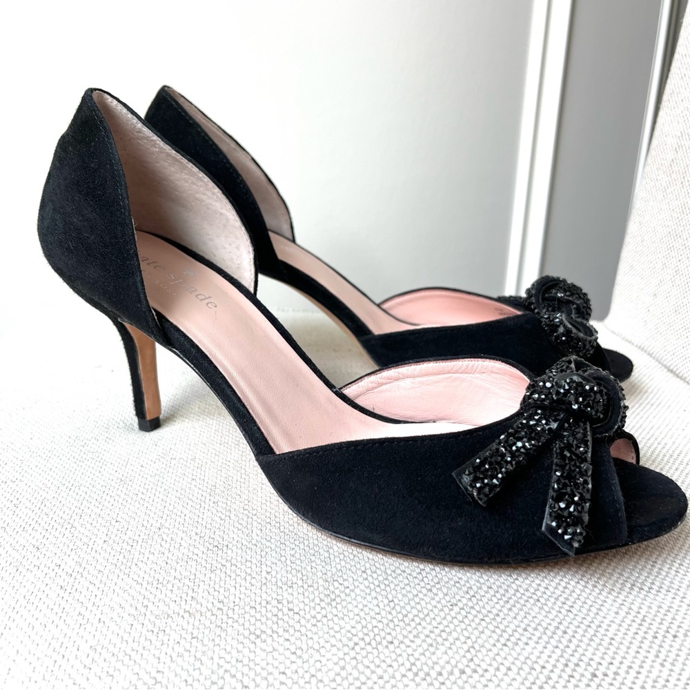 Kate Spade Black Suede Peep-toe Heel with Bow (size 9).